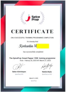 Kostiantyn H., основатель BestProp, сертификат Funded-трейдера на $150,000 от SpiceProp