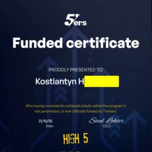 Сертификат Funded-аккаунта The5ers High 5, выданный Kostiantyn H., основателю BestProp